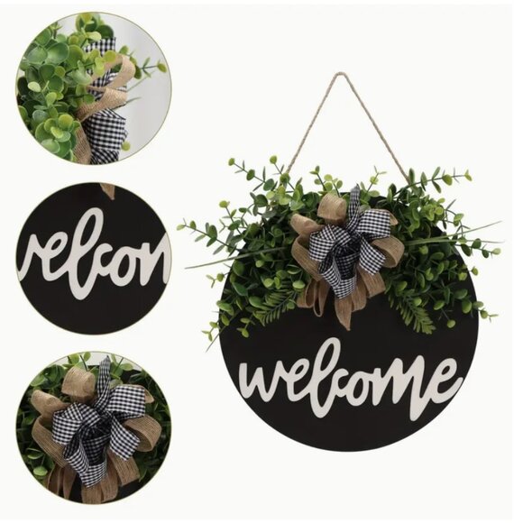 Welcome Sign Rustic Farmhouse Front Door Wreath Buffalo Plaid Check Black White - Picture 2 of 10